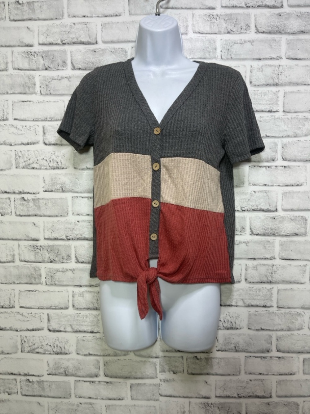 Paper Crane Color Block Waffle Knit Tie Front Top Small